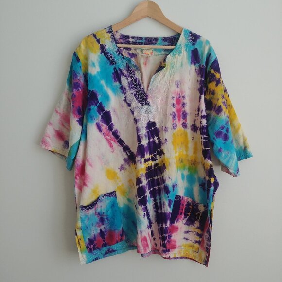 Tops - Handmade sturdy 100% cotton approx XL tie dye look embroidered blouse pockets